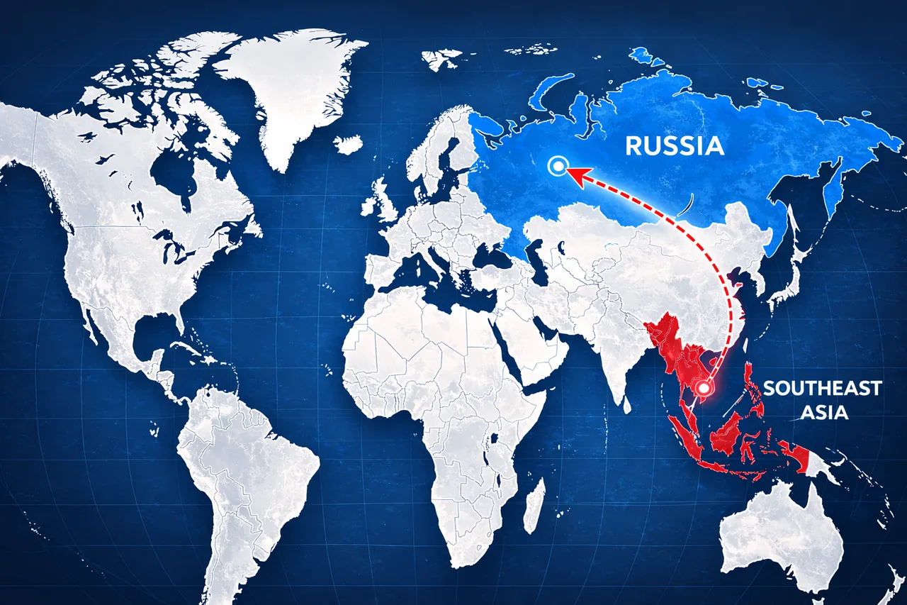Карта мира с маршрутом Юго-Восточная Азия Россия