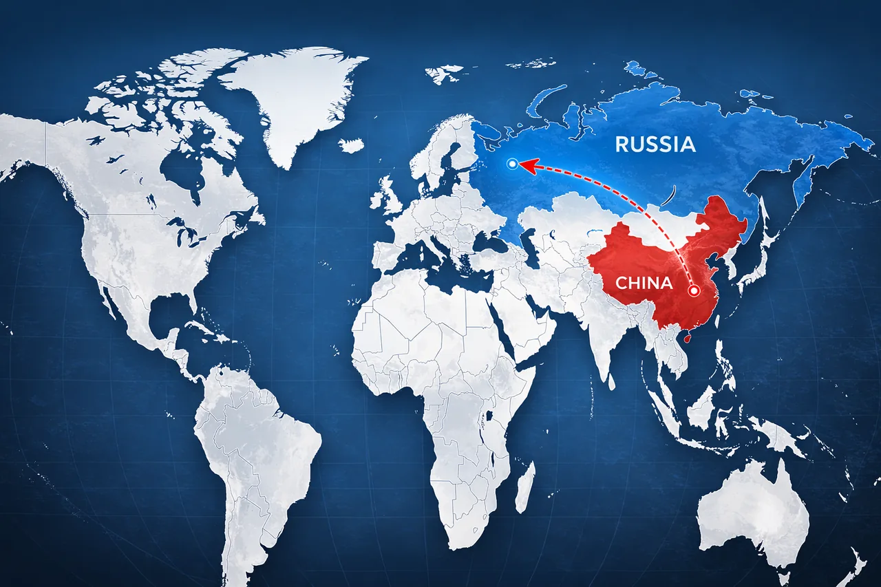 Карта мира с маршрутом Китай Россия